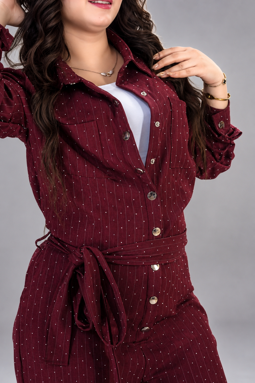 Elegant Burgundy Sparkle Belted Jumpsuit