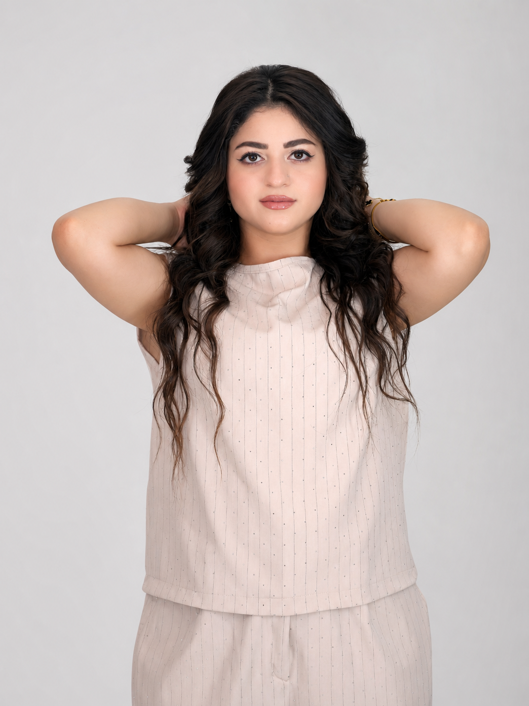 Elegant Sparkle Sleeveless Beige Two-Piece Set