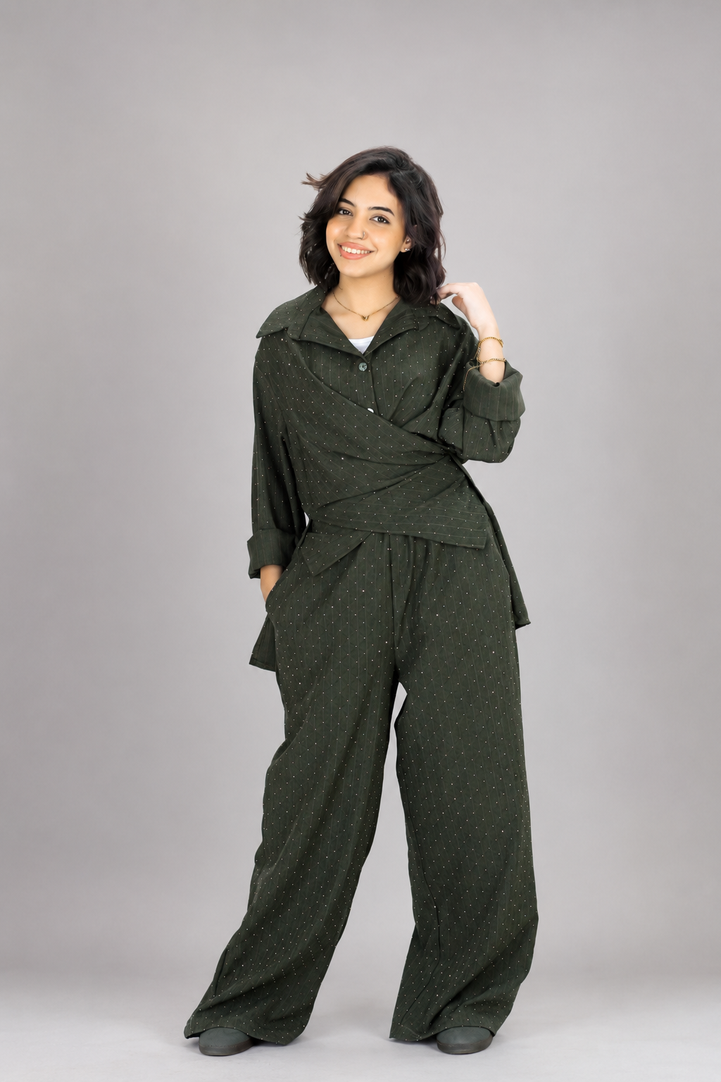 Green Olive Elegant Sparkle Pinstripe Wrap Set