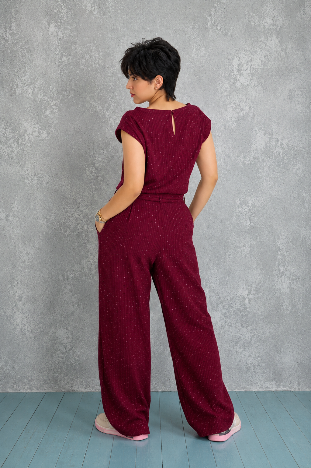 Elegant Sparkle Sleeveless Burgundy Two-Piece Set