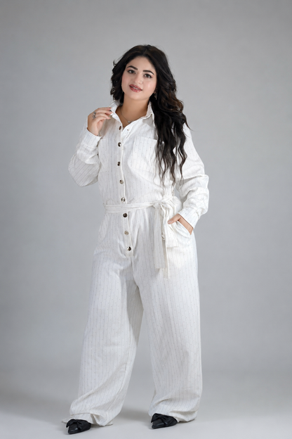 Elegant White Sparkle Belted Jumpsuit
