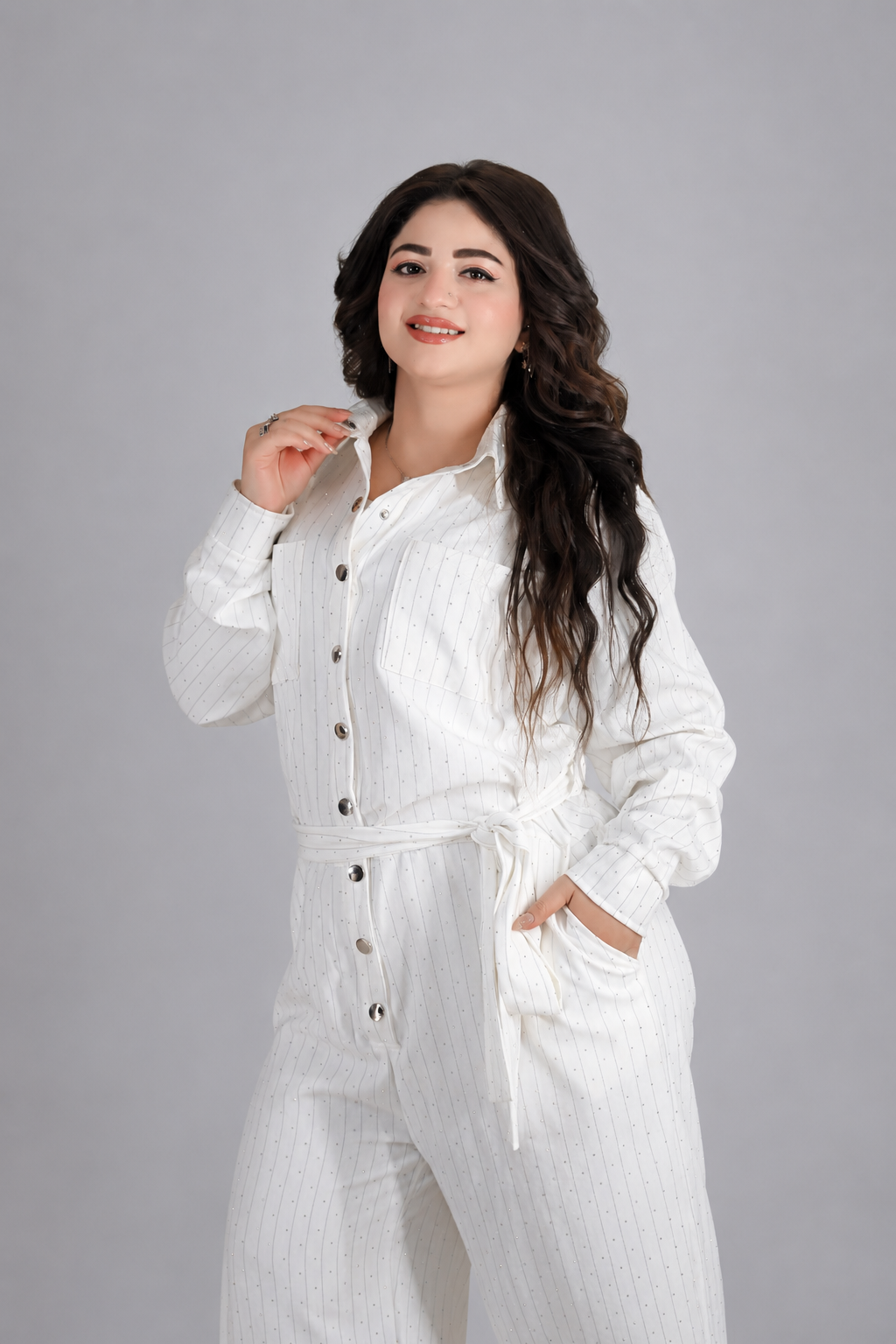 Elegant White Sparkle Belted Jumpsuit