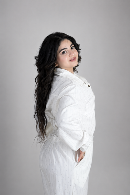 Elegant White Sparkle Belted Jumpsuit