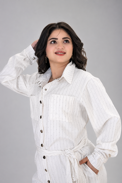 Elegant White Sparkle Belted Jumpsuit