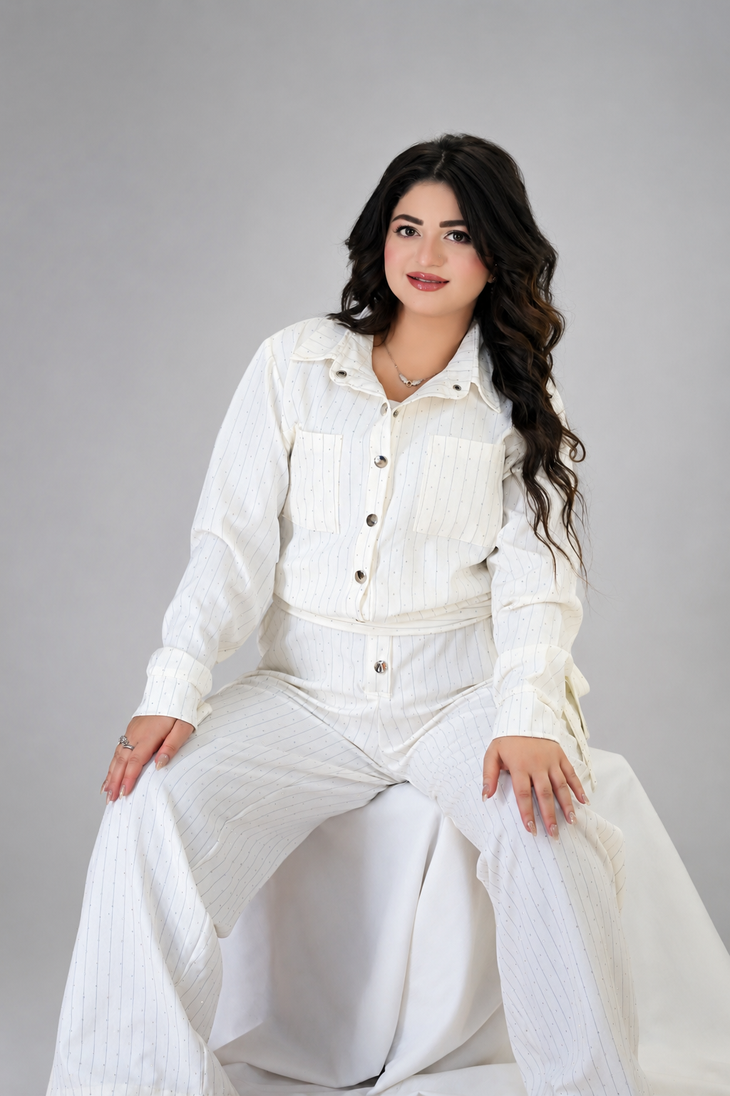 Elegant White Sparkle Belted Jumpsuit