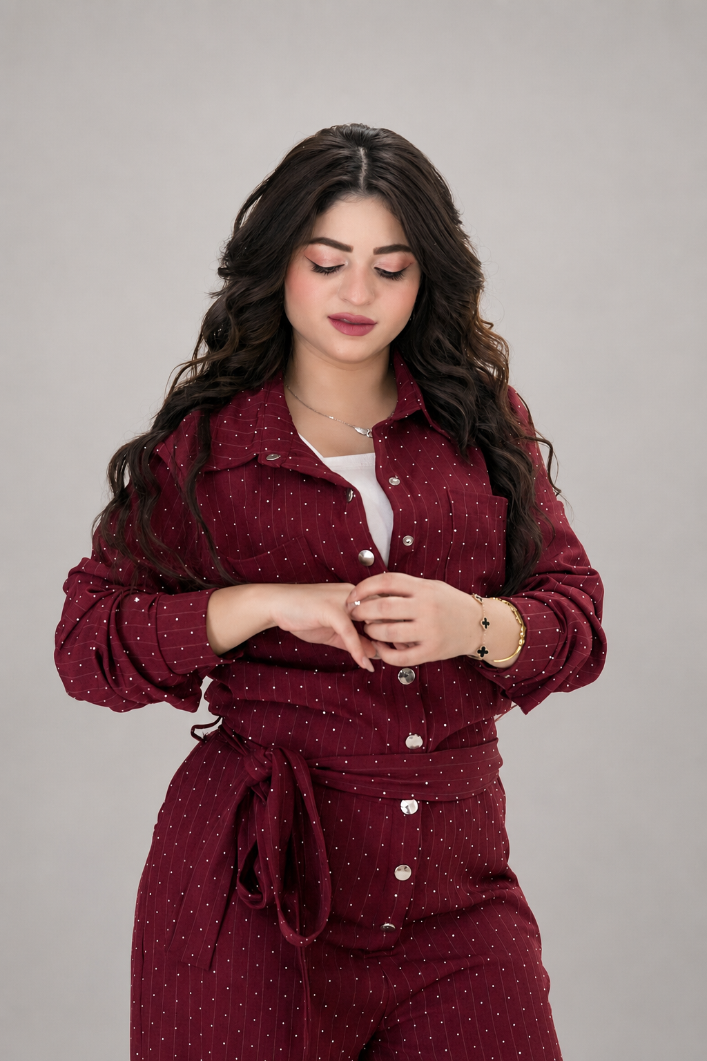Elegant Burgundy Sparkle Belted Jumpsuit