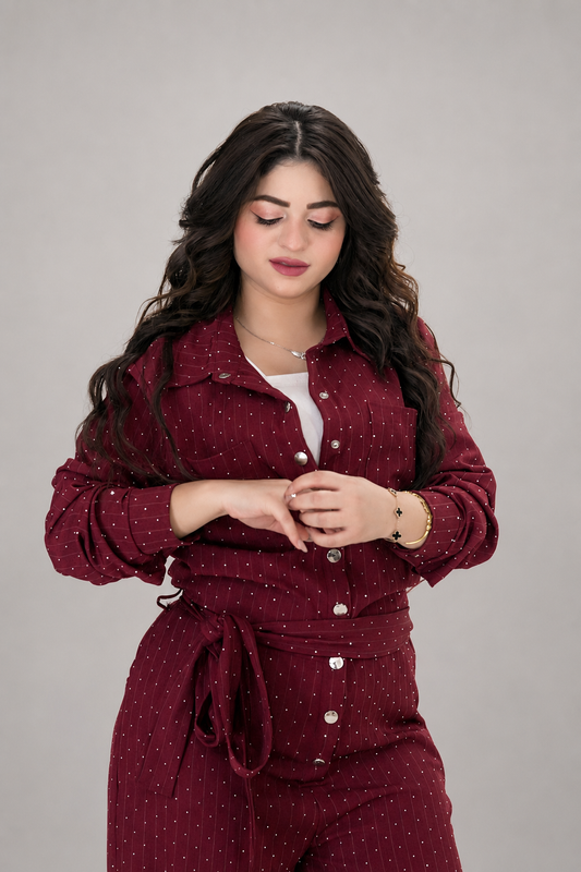 Elegant Burgundy Sparkle Belted Jumpsuit