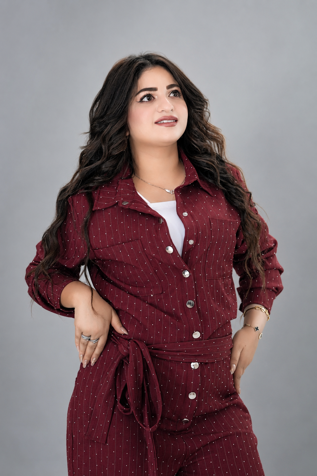 Elegant Burgundy Sparkle Belted Jumpsuit