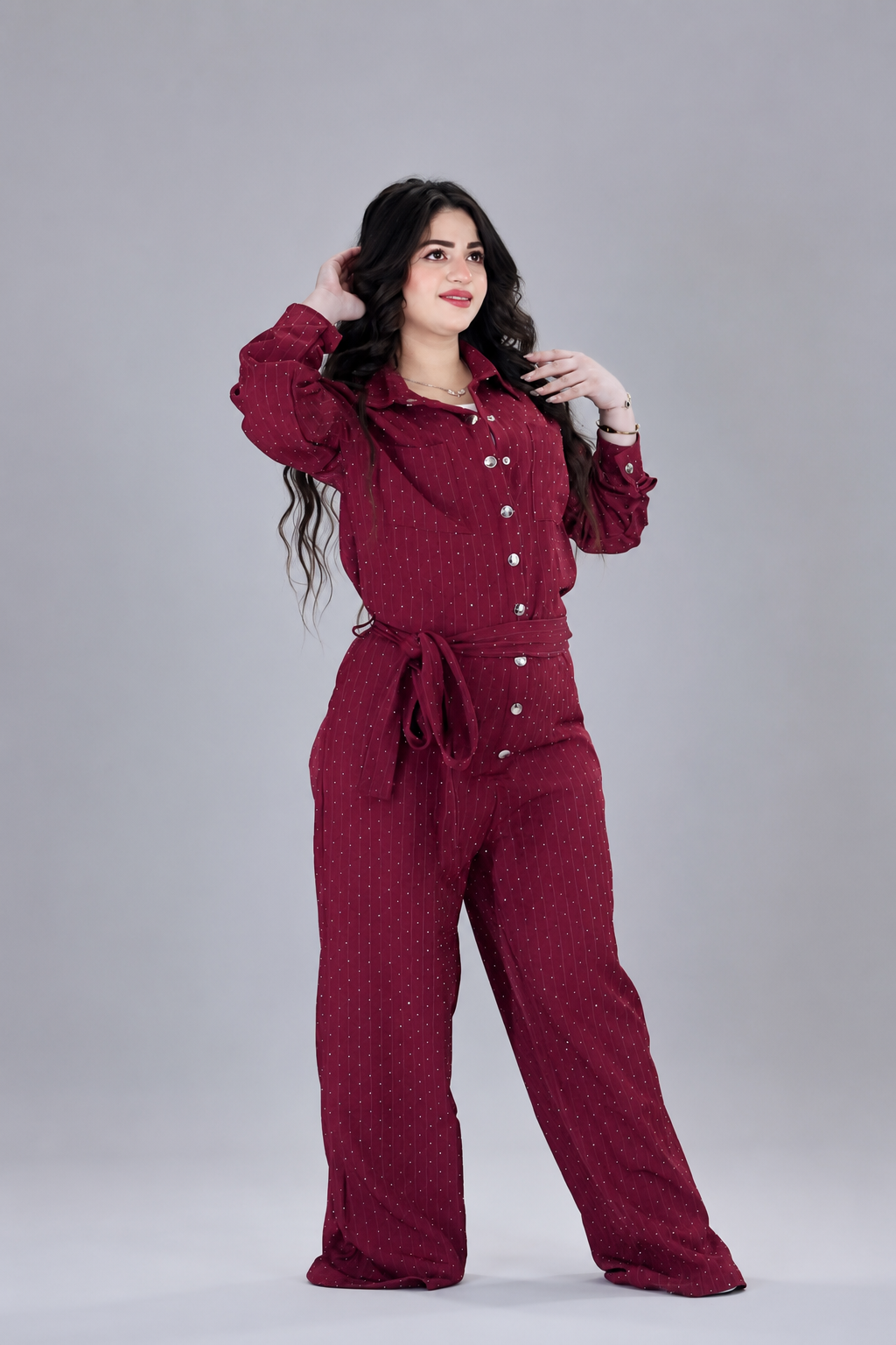 Elegant Burgundy Sparkle Belted Jumpsuit