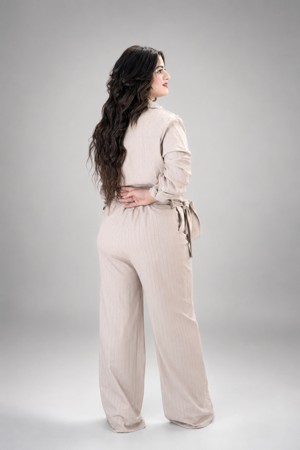 Elegant Beige Sparkle Belted Jumpsuit