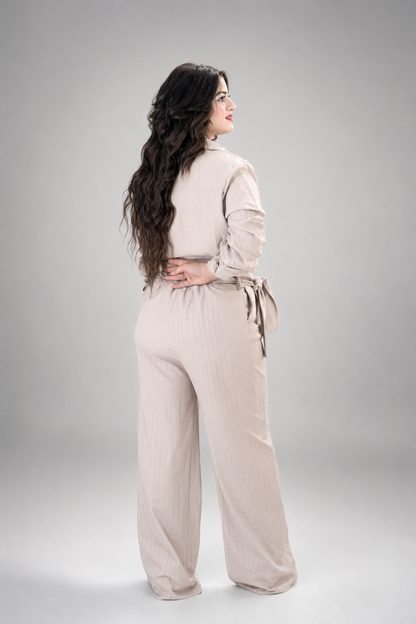 Elegant Beige Sparkle Belted Jumpsuit