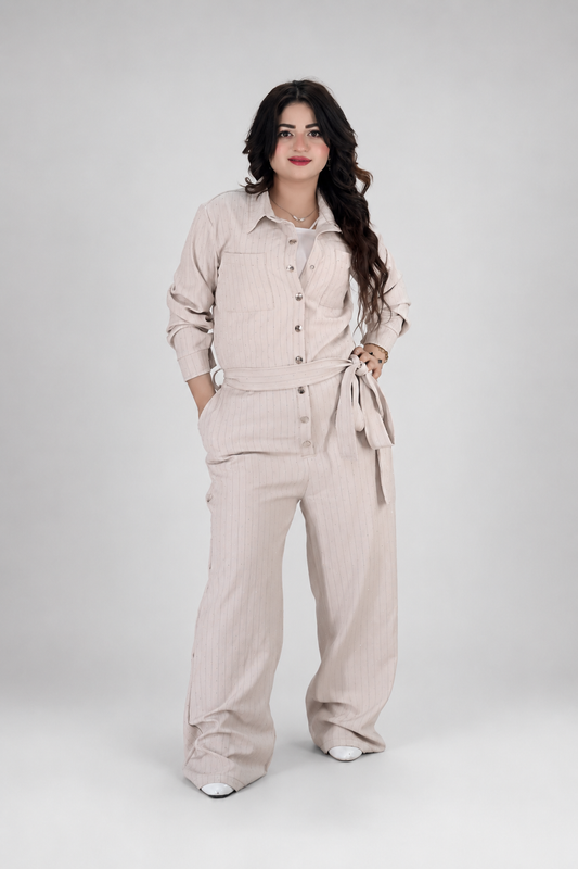 Elegant Beige Sparkle Belted Jumpsuit