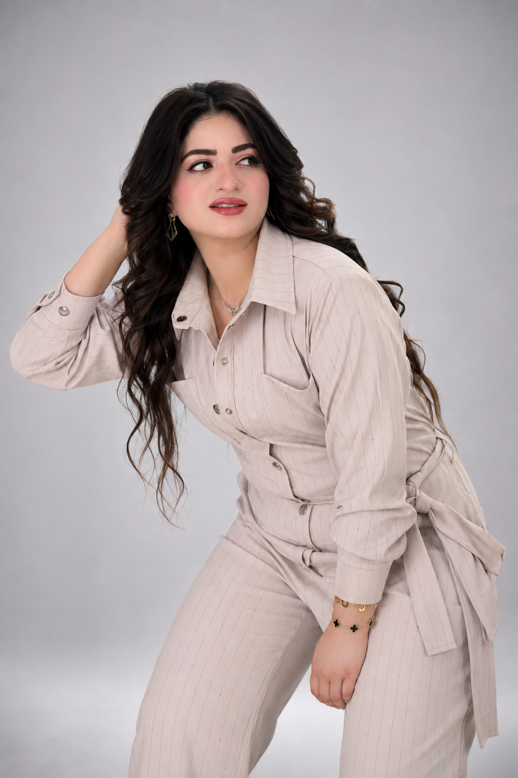 Elegant Beige Sparkle Belted Jumpsuit