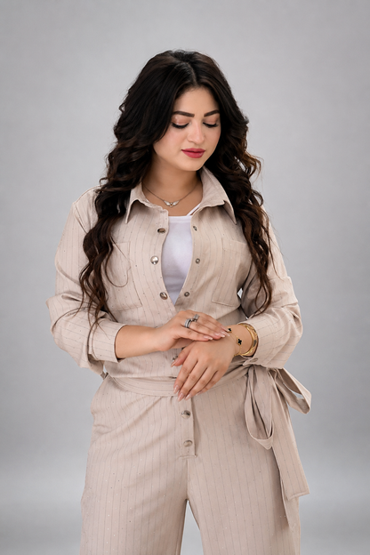 Elegant Beige Sparkle Belted Jumpsuit