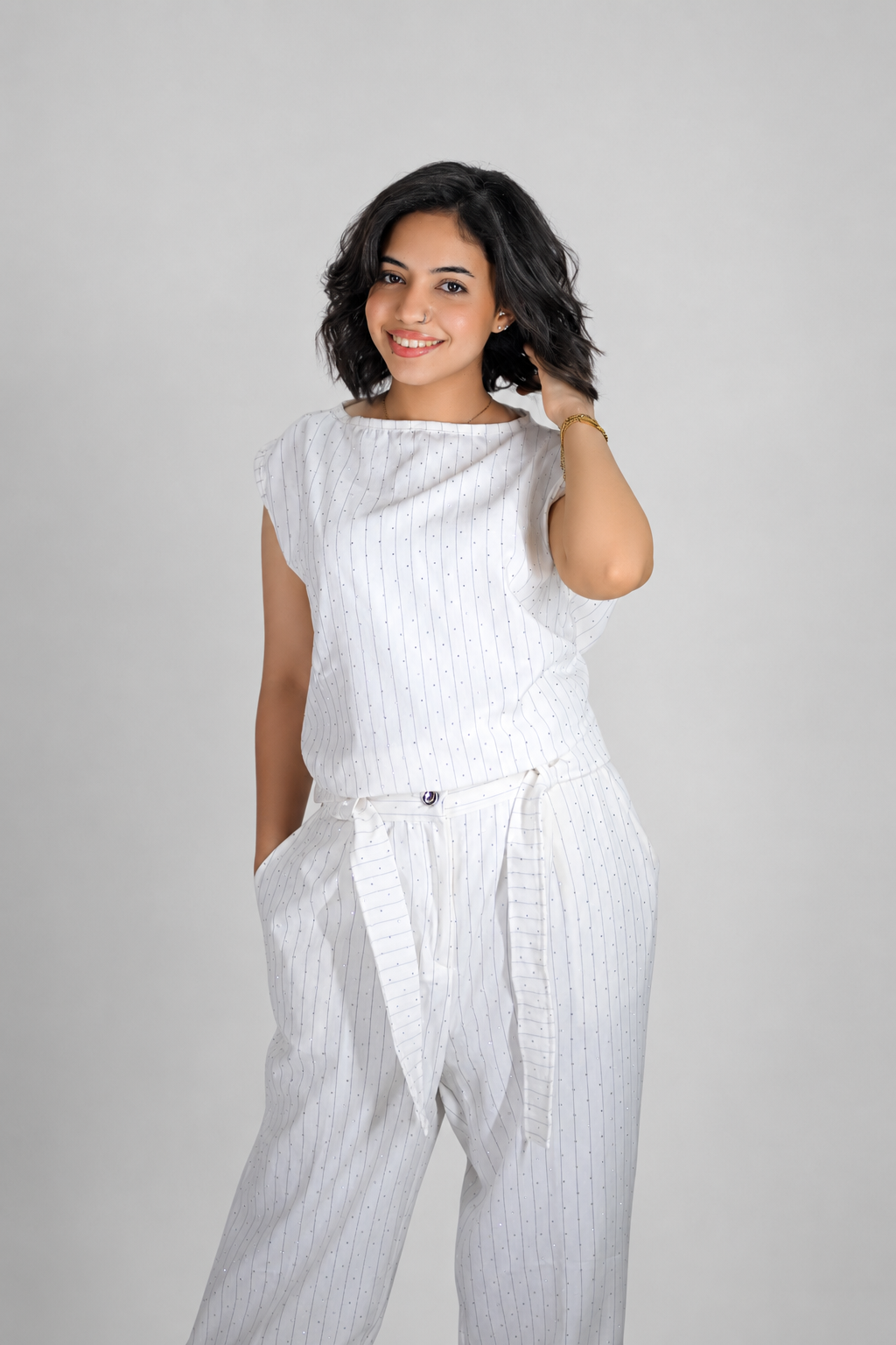Elegant Sparkle Sleeveless White Two-Piece Set