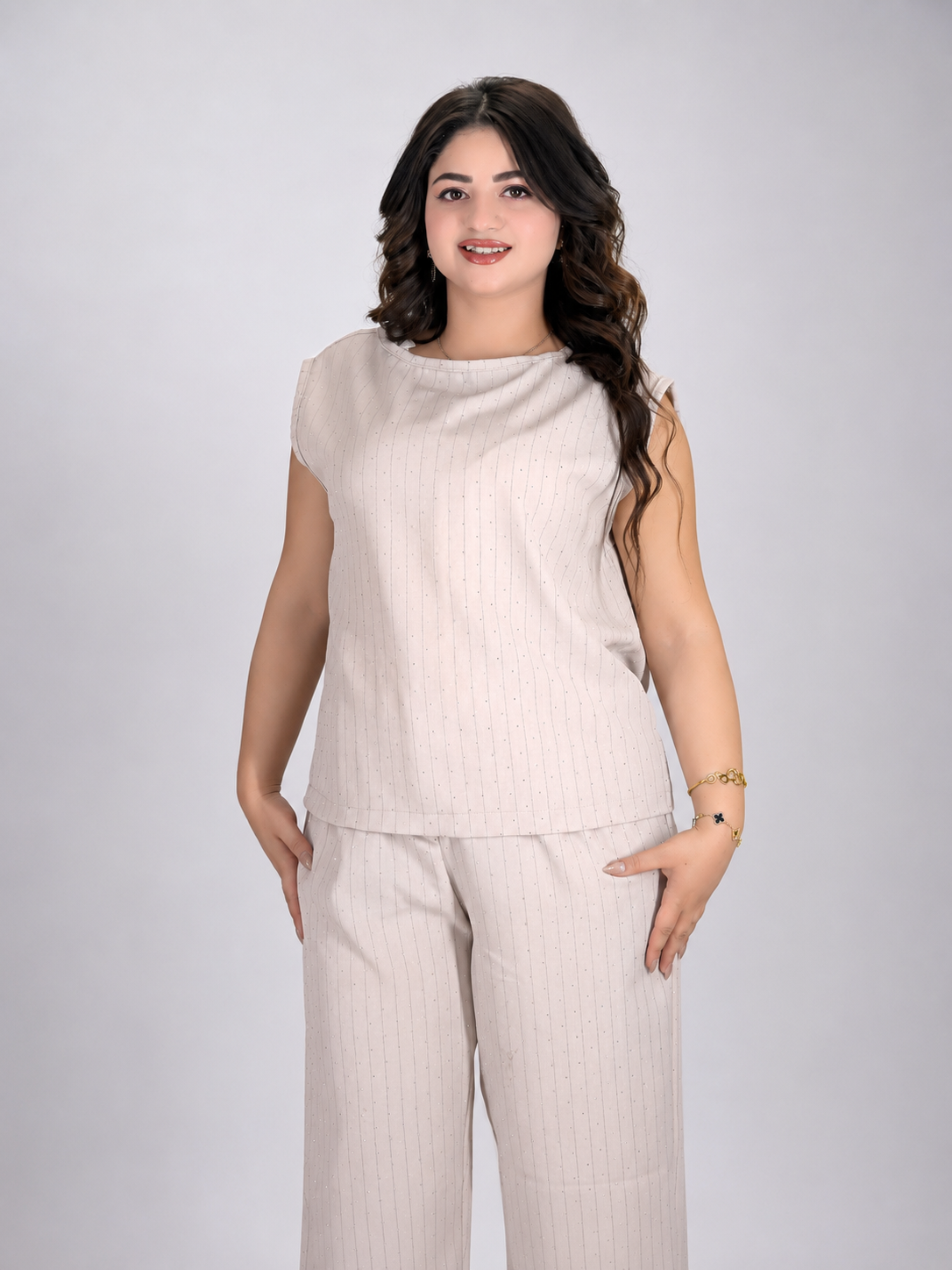 Elegant Sparkle Sleeveless Beige Two-Piece Set