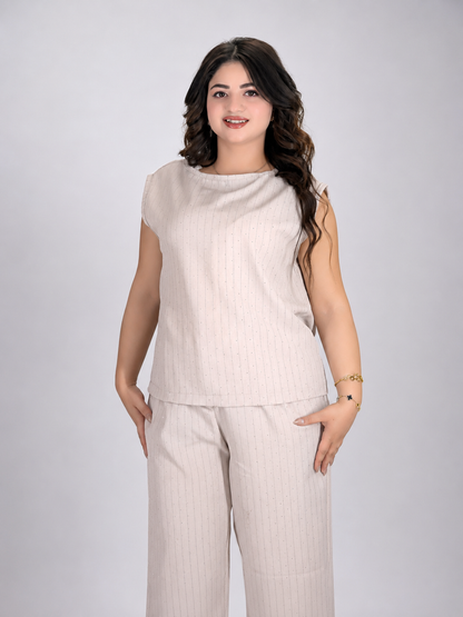 Elegant Sparkle Sleeveless Beige Two-Piece Set