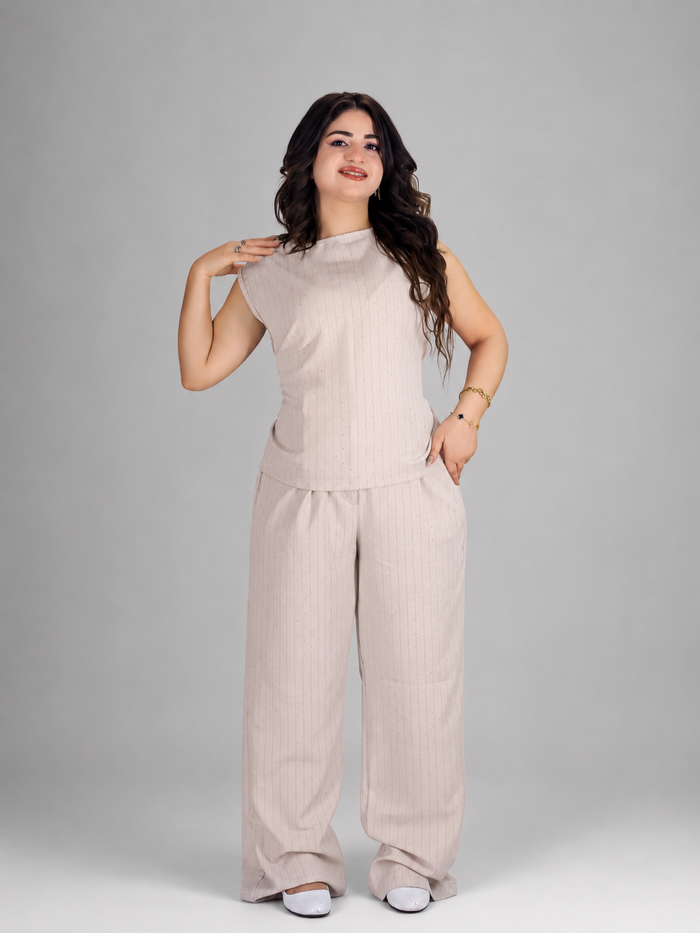 Elegant Sparkle Sleeveless Beige Two-Piece Set