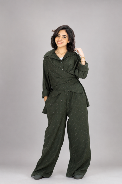 Green Olive Elegant Sparkle Pinstripe Wrap Set