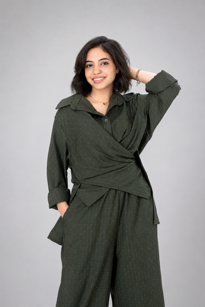 Green Olive Elegant Sparkle Pinstripe Wrap Set
