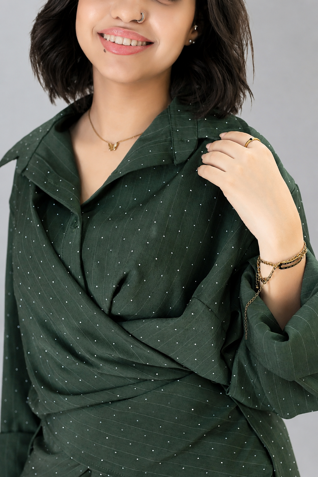 Green Olive Elegant Sparkle Pinstripe Wrap Set