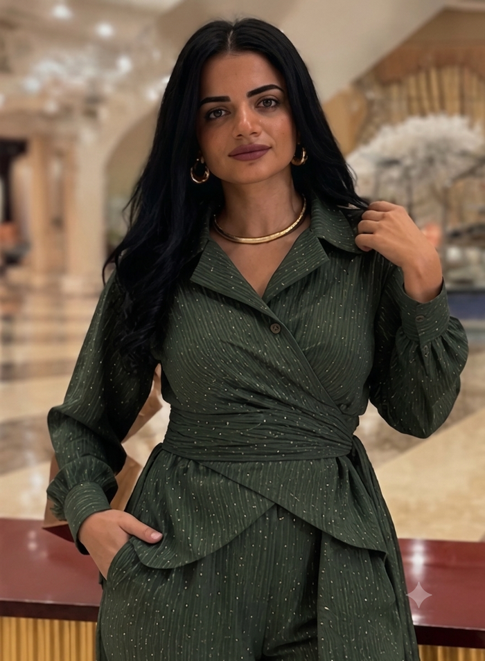 Green Olive Elegant Sparkle Pinstripe Wrap Set