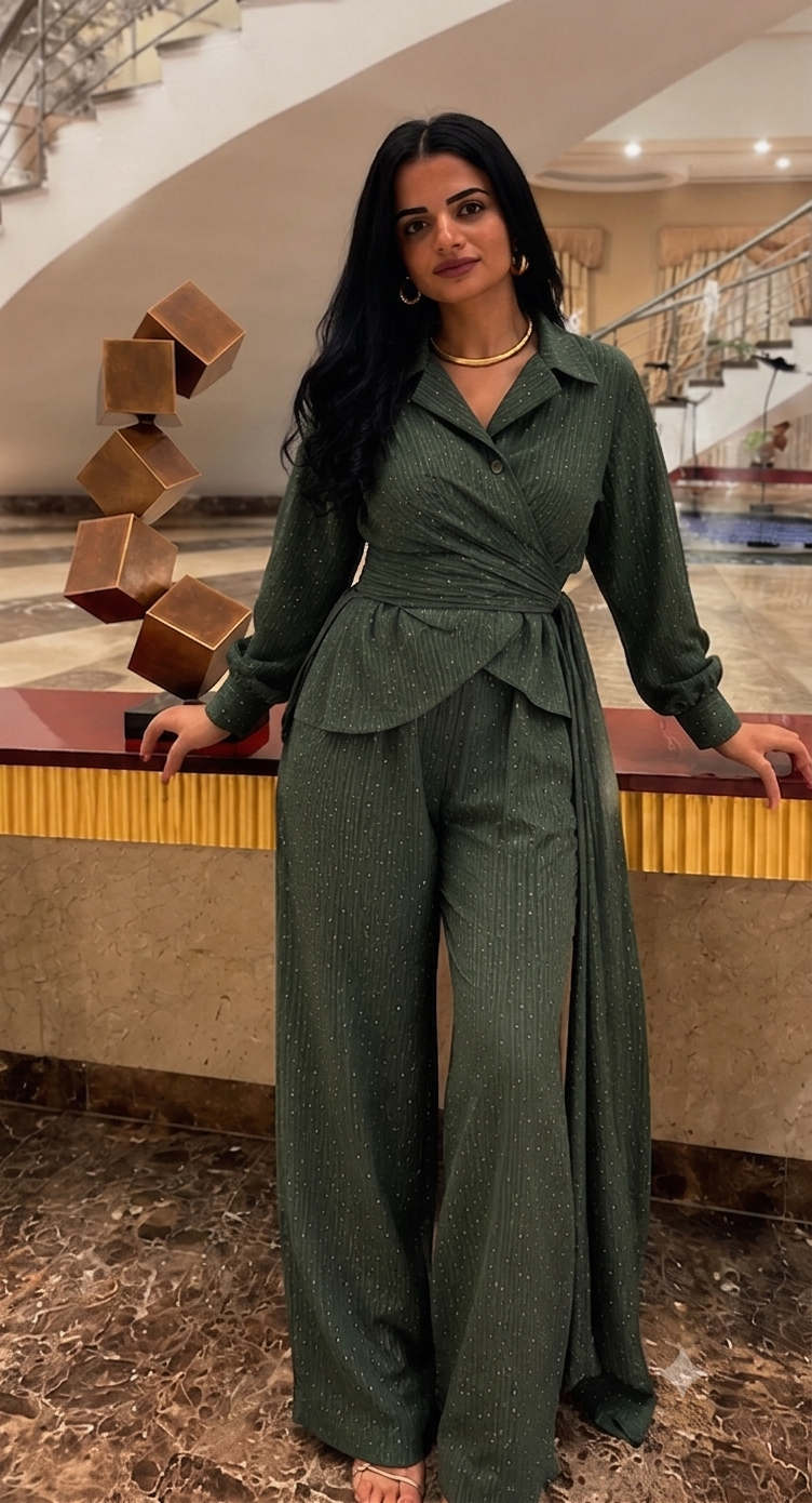 Green Olive Elegant Sparkle Pinstripe Wrap Set