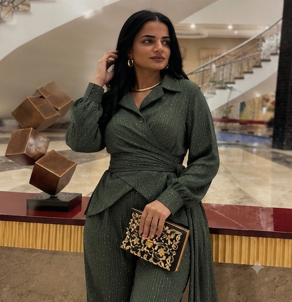 Green Olive Elegant Sparkle Pinstripe Wrap Set