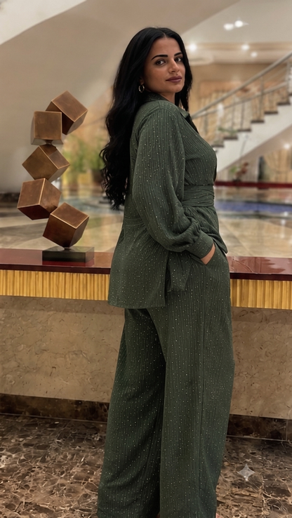 Green Olive Elegant Sparkle Pinstripe Wrap Set