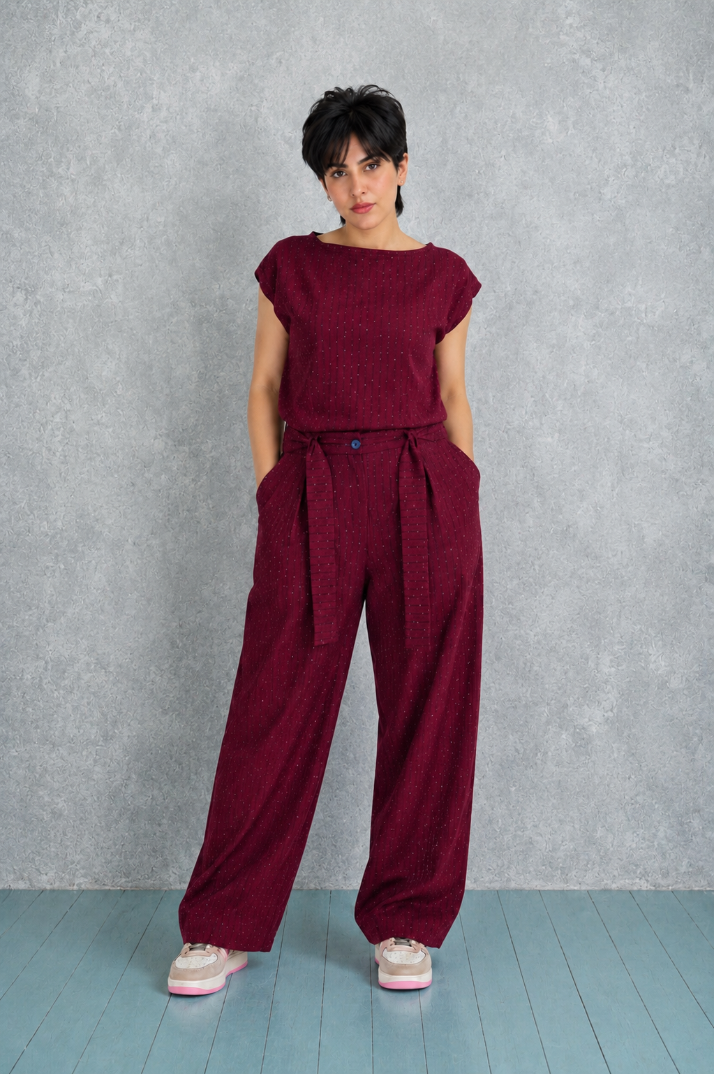 Elegant Sparkle Sleeveless Burgundy Two-Piece Set