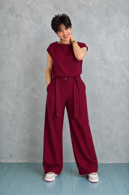 Elegant Sparkle Sleeveless Burgundy Two-Piece Set